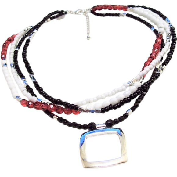Red White Black Necklace Silver Tone Vintage Choker Bead Four Strand - Picture 5 of 6